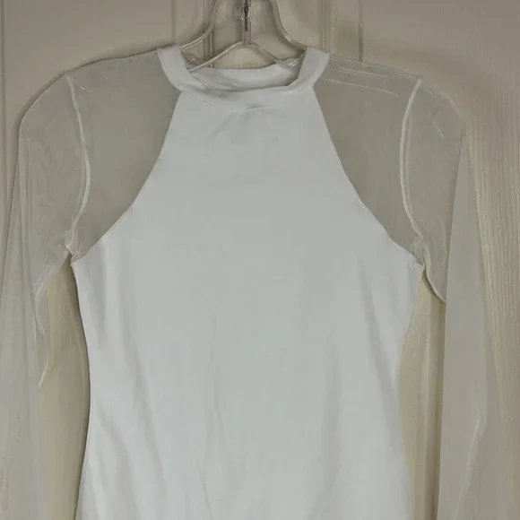 White Bodysuit Sheer Mesh Long Sleeve Mock Neck Top Womens size small - Picture 3 of 12